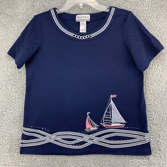 ALFRED DUNNER Womens Blouse Top Petite Small Blue Embellished Sailing Boat - Picture 2 of 10